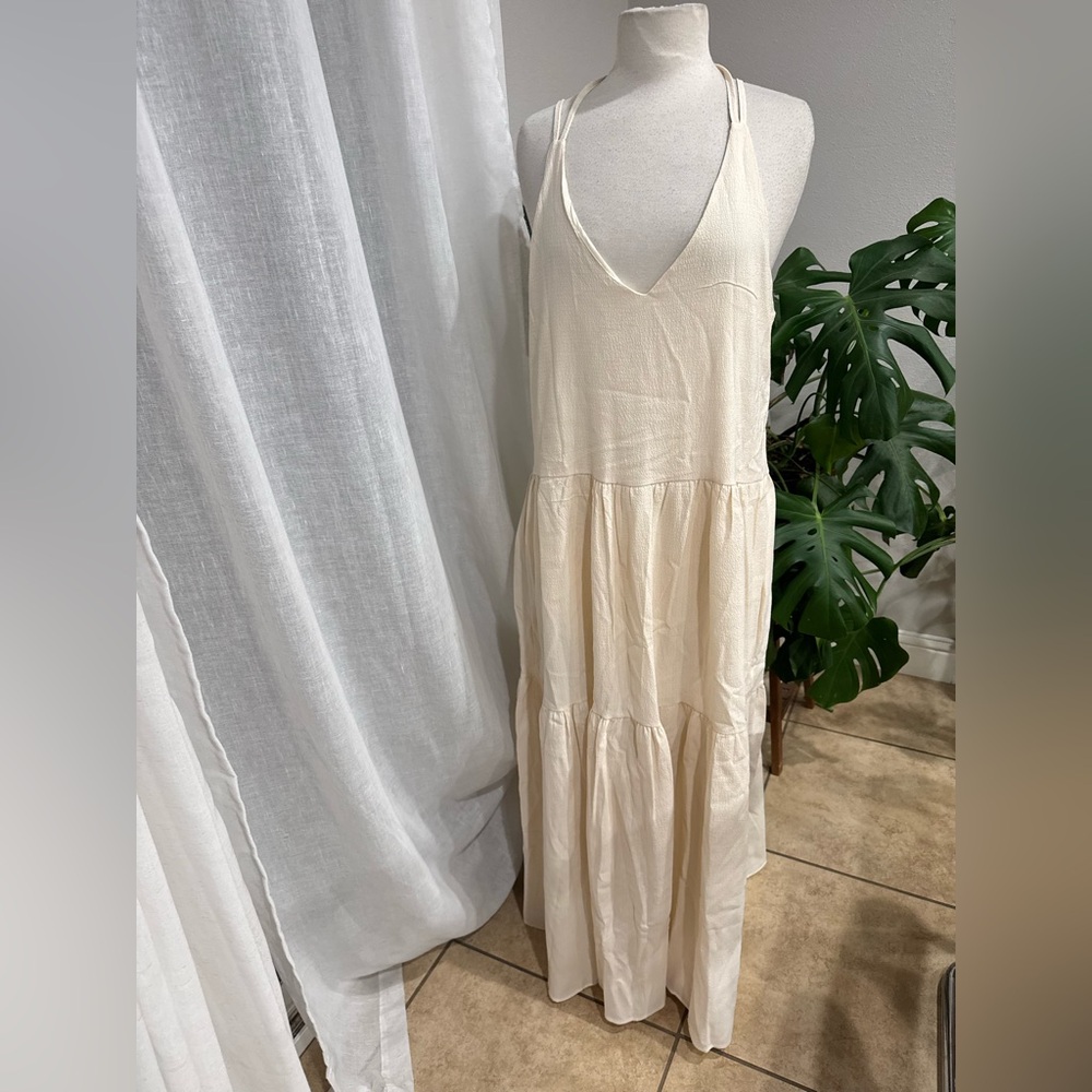 Boho‎ Cream Maxi Dress – Adjustable Straps, Tiered Skirt, Open Back